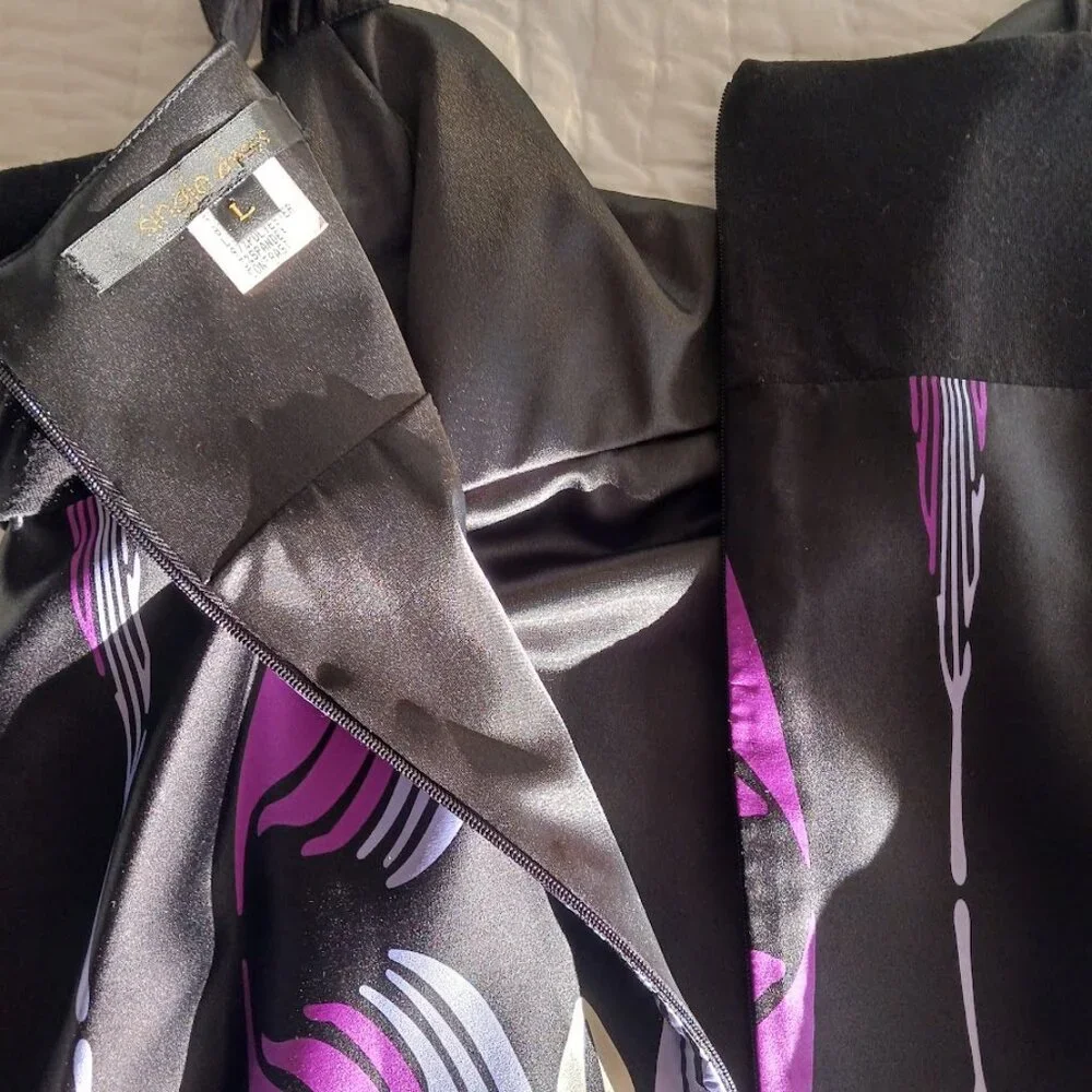 Black Purple Lavender Print Single Cocktail Party Disco Art Dress Womens Large - Picture 6 of 6
